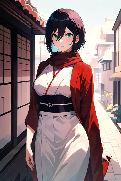 shingeki no kyojin, mikasa ackerman, 1girl, outdoors, bangs, black hair, breasts, cowboy shot, kimono, japanese dress, green eyes, hair between eyes, looking at viewer, medium breasts, red scarf, scarf, short hair, solo, ((masterpiece)), best quality <lora:mikasa_ackerman_offset:1>