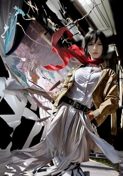 masterpiece, (photorealistic:1.4), best quality, beautiful lighting, outdoors, mikasa ackerman, shingeki no kyojin, 1girl, bangs, belt, belt buckle, black eyes, black hair, brown belt, brown jacket, buckle, dress shirt, hair between eyes, jacket, long sleeves, medium hair, open clothes, open jacket, paradis military uniform, red scarf, scarf, shirt, solo, standing, straight hair, suspenders, white shirt, wing collar , intricate details, natural light, RAW photo, 8k uhd, film grain
<lora:mikasa_ackerman_offset:1>