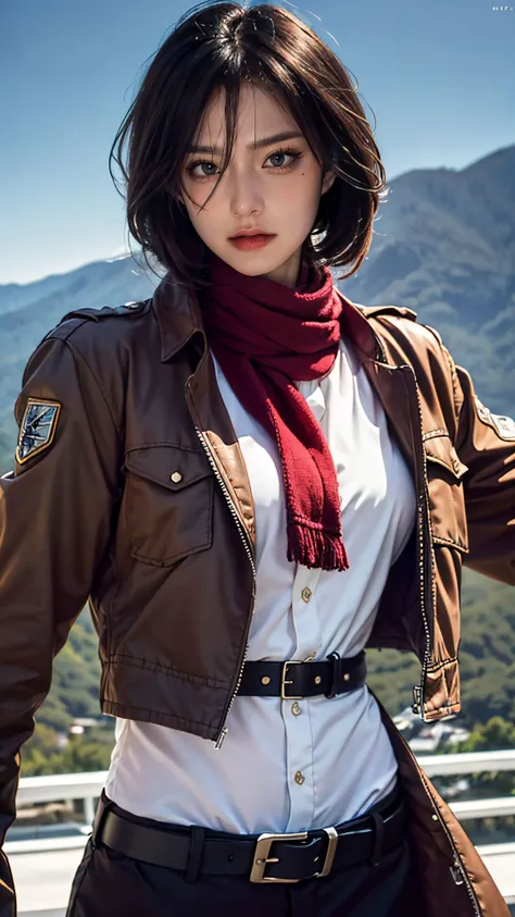 mastaerpiece,best quallity,1girl,(photorealistic:1.4),beautiful lighting,absurdres,outdoors,mikasa ackerman,shingeki no kyojin,1girl,bangs,belt,belt buckle,black eyes,black hair,brown belt,brown jacket,buckle,dress shirt,hair between eyes,jacket,long sleeves,medium hair,open clothes,open jacket,paradis military uniform,red scarf,scarf,shirt,solo,standing,straight hair,suspenders,white shirt,wing collar,RAW photo,film grain,<lora:mikasa_ackerman_offset:1>,(fighting stance:1.3),(snap photography:1.2),cold face,calm face,Poker face,(world-weary face:1.2),