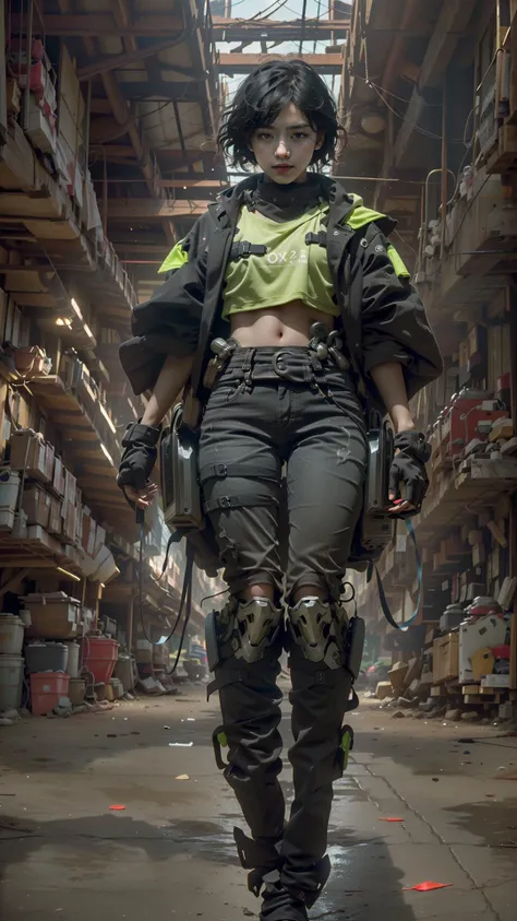 (masterpiece, top quality, best quality, official art, beautiful and aesthetic:1.2),photorealistic, highres, (1girl:1.3), 1mechanical_girl, <lora:Niji:1>, black short hair, black eyes, neon details, <lora:GamerFashion-rgb-V1:0.4>,machanical limbs,blood vessels connected to tubes ,<lora:mikasa_ackerman_v1:0.7>, sunlight, giant behind, limegreen