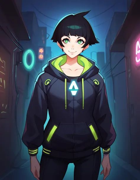 score_9, score_8_up, score_7_up, score_6_up, score_5_up, score_4_up, source_anime, BREAK    <lora:Ilya_Kuvshinov_Artist_Style_ponyXL-000011:1>
1girl, smile, adorable face ,green eyes , hacker,cowboy shot,  cyberpunk, scifi hooded jacket, neon lights,in a alleyway , short hair, black hair, cables in the background , glowing signs,