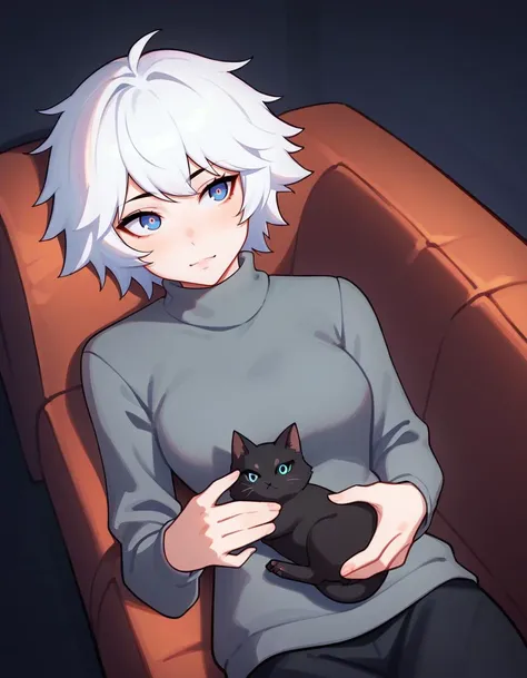 score_9, score_8_up, score_7_up, score_6_up, score_5_up, score_4_up, source_anime, BREAK <lora:Ilya_Kuvshinov_Artist_Style_ponyXL-000011:1>
1girl, adorable face , holding a black kitten , gray turtleneck sweater, white hair, lying on a couch, cozy vibe ,