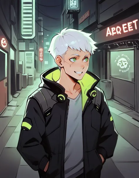 score_9, score_8_up, score_7_up, score_6_up, score_5_up, score_4_up, source_anime, BREAK <lora:Ilya_Kuvshinov_Artist_STL3_ponyXL:1>
1boy, smile, adorable face ,green eyes , hacker,cowboy shot, cyberpunk, scifi hooded jacket, neon lights,in a alleyway , short hair, white hair, cables in the background , glowing signs,