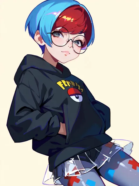 score_9, score_8_up, score_7_up,
 <lora:Penny-Pokemon:0.8> Penny, 1girl, short hair, multicolored hair, glasses, two-tone hair, blue hair, round eyewear, black hoodie, see-through skirt, pantyhose, grey eyes, red front bangs
simple background, (((solo))
 <lora:Ilya_Kuvshinov_Artist_Style_ponyXL:0.7>  <lora:Reagan_Long_Style:0.4> <lora:HerrscherAGGA2023_Rabbit_Burrow_Concept_Style_V1:0.4> RB_Style