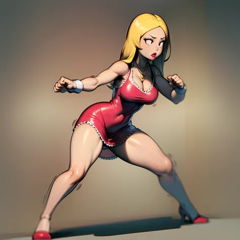 ((masterpiece, best quality)),(complex light), full body, solo, francine, necklace , black eyes, lipstick, dress, blonde hair,<lora:Francine_Smith1-10:0.8>, fighting stance,