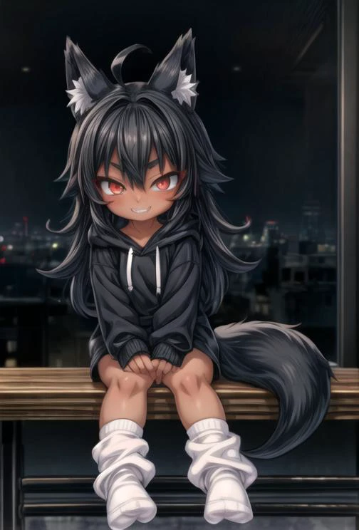 masterpiece, best quality, ultra details, perfect anatomy,, size difference, big world,full body, dark skin, black fox ears, black fox tail, black hair, ahoge, ((beautiful anime blood red eyes)), (black hoodie), no pants, (sitting on big tall table), ((feet dangling in air)), (depth of field), ((slouched socks)), (detailed smile, nice teeth, sharp fang, nice hands),<lora:GoodHands-vanilla:1>, ((perfect hands)), (looking at viewer), blush, indoors, no floor, no ground, no surface,  <lora:more_details:1>