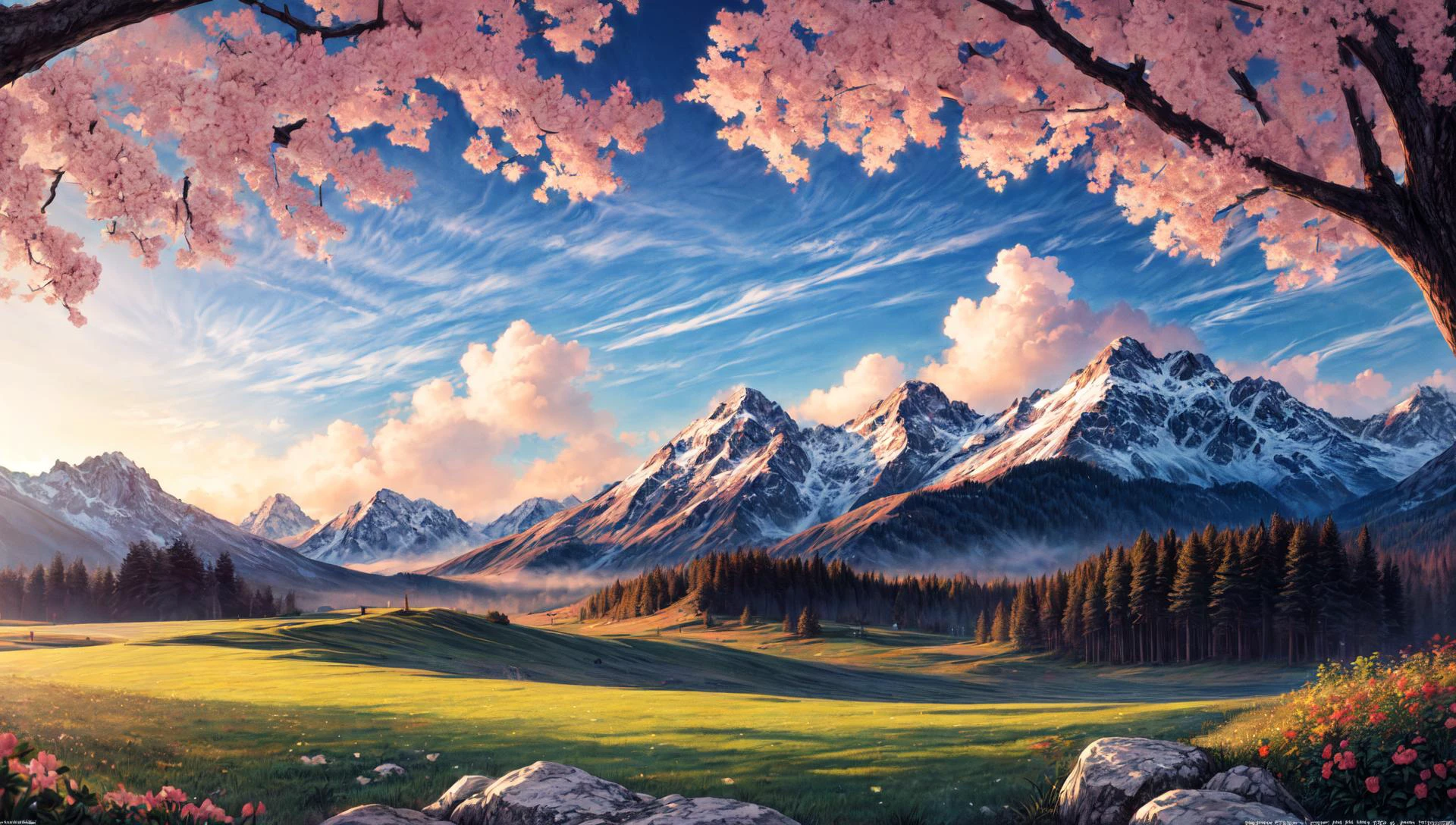 ((masterpiece:1.4,best quality)), cloud, outdoors
(mountains), spring glade, scenery, sky,
(noon:1.4), high detail, abundant, 8k, high detail, wallpaper,
<lora:more_details:1.5>