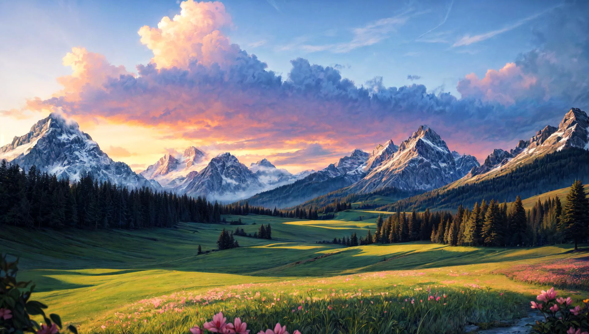 ((masterpiece:1.4,best quality)), cloud, outdoors
(mountains), spring glade, scenery, sky,
(noon:1.4), high detail, abundant, 8k, high detail, wallpaper,
<lora:more_details:1.5>