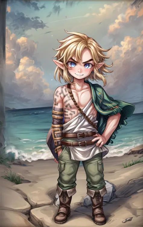 ((masterpiece:1.4,best quality)), multicolored eyes,eyeshadowy,bloom, sparkle,(cute boy face:1.5),
ocean, caustics, beach,(1boy:1.2), full body, standing, angry eyebrows, hand on hip, (wind:1.3), hair lift, smile, blonde hair, short hairs, long tunic, brown boots, belt buckle,
link \(totk\), right arm tattoo, detailed face, detailed smile, knee long pants,
<lora:add_detail>,<lora:kawaiimixNijiV5Cute_v10:0.1>,<lora:custard_cookie:0.2>, <lora:tloz_link_totk:1>
