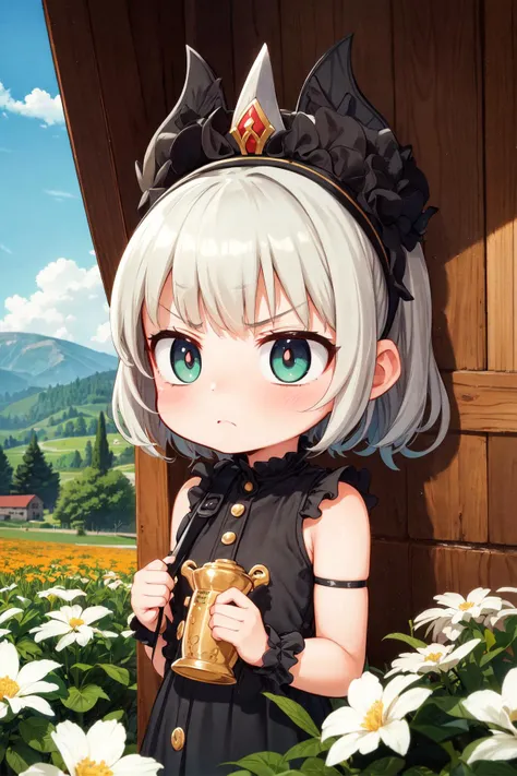 (perfect-picture:1.1) , 1girl, cute, petite, (chibi:1.2) , [ (landscape art by Andrew Wyeth:0.9) and (Helen Allingham:1.0) and (Li Shuxing:0.8) ::3], realism art, awardwinning, Sad, Portrait of a Vase full of fit Ashkenazi Secret lover (Jenny Slates:1.3) , Jenny Slate is very 1950'S and Broken, they are holding a Marker, ð¥º, they are looking very evil, their hair is Pakistani and styled as Mohawk, Jenny Slate has a Oppressive Syrian Green Buttons, Angry Tiara, dense flower field and hillside, Fall, Panorama, detailed, masterpiece, Relaxed, Realism, DayGlo lighting, macro lens, Cinestill, Spirals, Zentangle, natural skin tones, matte skin, UHD, High quality