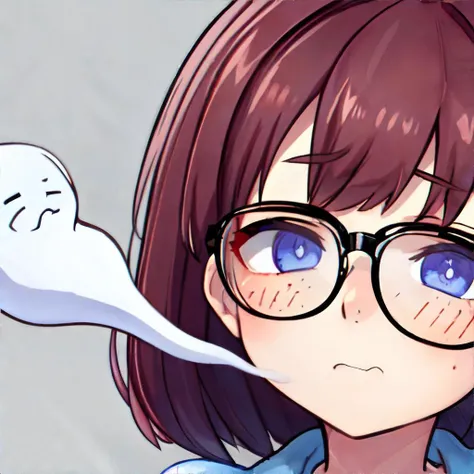 <lora:animesouleavingbody:0.7>, <lora:bzl:0.8>, ghost blowing, portrait, bzl_test wearing flannel shirt, curly brown hair, (grey|blue) eyes, glasses, (freckles:0.4), simple backgroun || masterpiece, 8k, high resolution, shallow depth of field, sharp focus