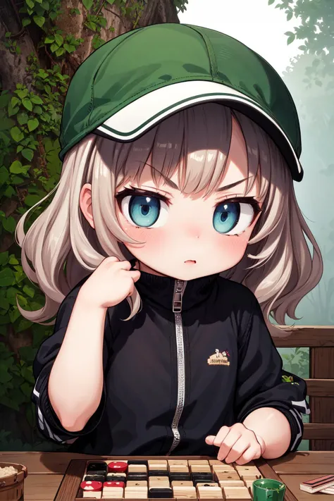 (perfect-picture:1.1) , 1girl, cute, petite, (chibi:1.2) , studio, masterpiece, wide shot of a buxom [Zulu|Hong Konger] (Sibling:1.3) , she is very Post-Punk and Inconsiderate, she is being looked at by a couple of Uninspired Females wearing Pitiful Bomber jacket, she is feeling very lustful, she is Playing board games, she has Dwarven hair, the Sibling has a Glib Mongolian Olive Green and Rust Trucker hat, [Refined|Ludicrous] Tattoos, Lime green forest and Planet in background, at Overcast, FOV 90 degrees, Realistic, Angry, Neo, Light and shadow plays, 80mm, Muted Colors, key visual, Instagram, Sapphire detailed eyes, realistic beautiful face, lots of details, pixiv, [ (photography art by Marianna Rothen:1.3) , (Olivier Valsecchi:0.8) :2]