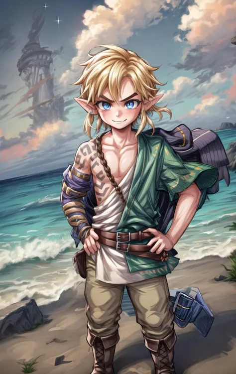 ((masterpiece:1.4,best quality)), multicolored eyes,eyeshadowy,bloom, sparkle,(cute boy face:1.5),
ocean, caustics, beach,(1boy:1.2), full body, standing, angry eyebrows, hand on hip, (wind:1.3), hair lift, smile, blonde hair, short hairs, long tunic, brown boots, belt buckle,
link \(totk\), right arm tattoo, detailed face, detailed smile, knee long pants,
<lora:add_detail>,<lora:kawaiimixNijiV5Cute_v10:0.1>,<lora:custard_cookie:0.2>, <lora:tloz_link_totk:1>