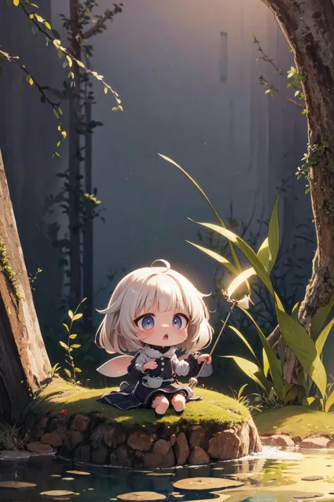 (perfect-picture:1.1) , 1girl, cute, petite, (chibi:1.2) , masterwork detailed, masterpiece, Street level shot of a Foolish Moving rotund New Zealander (Female [Worgen|Cyclops]:1.3) , she is Trees skin, she is yawning, she is Fishing, her hair is Eclectic and styled as Bouffant, she has a Basic Prehistoric Gray One-Eyed, [Vile:Wanderlust:19] Amphibian Eyes, desolate roots and pond, at Dawn, shallow depth of field, angular art, [ (abstract art stylized by Victor Pasmore:1.1) : (Agnes Martin:1.3) :16], Ultra Real, Fairy-Tale, Futurism, Warm lighting, 80mm, Warm Colors, Decoupage, Swirling Kashmir, sharp and in focus, skin pores, HDR, 64K
