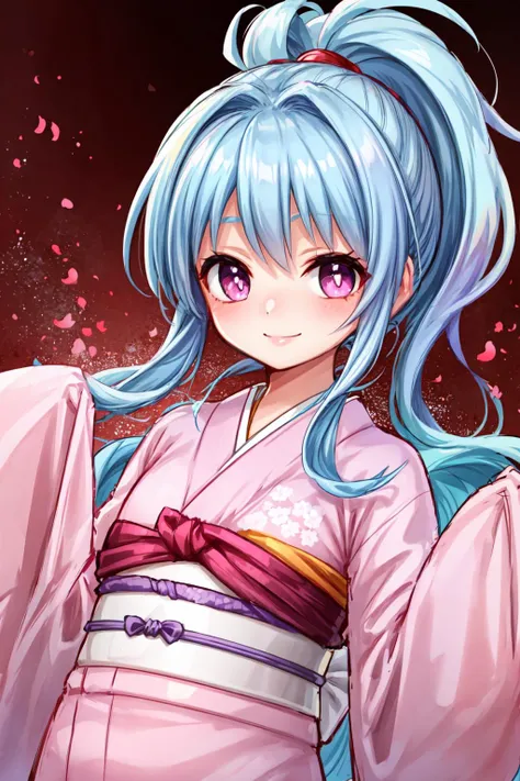 1girl, solo, 1girl,pink kimono,japanese clothes,sleeves past wrists, smile, dynamic angle, masterpiece, best quality, colorful, <lora:botan:0.7>