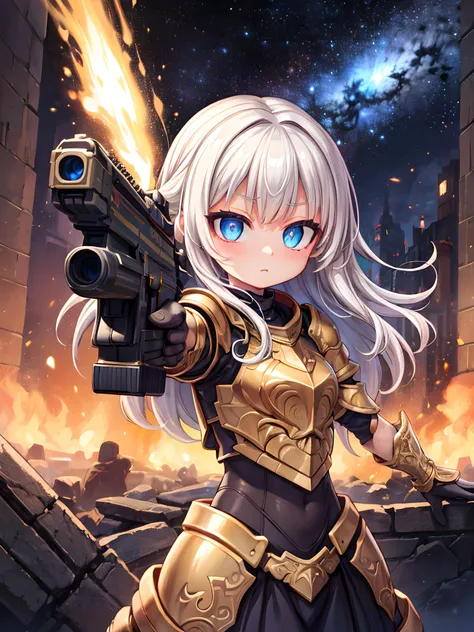 (masterpiece, best quality:1.3),extremely high detailed, intricate, 8k, HDR, wallpaper, cinematic lighting, <lora:Mecha:1> ,(universe:1.4),gun,(firing), dark armor, glowing