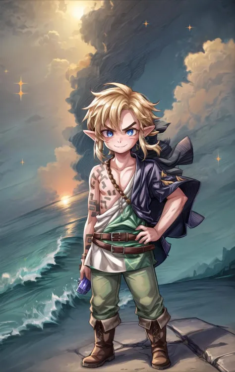 ((masterpiece:1.4,best quality)), multicolored eyes,eyeshadowy,bloom, sparkle,(cute boy face:1.5),
ocean, caustics, beach,(1boy:1.2), full body, standing, angry eyebrows, hand on hip, (wind:1.3), hair lift, smile, blonde hair, short hairs, long tunic, brown boots, belt buckle,
link \(totk\), right arm tattoo, detailed face, detailed smile, knee long pants,
<lora:add_detail>,<lora:kawaiimixNijiV5Cute_v10:0.1>,<lora:custard_cookie:0.2>, <lora:tloz_link_totk:1>