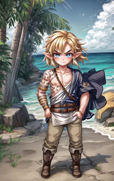 ((masterpiece:1.4,best quality)), multicolored eyes,eyeshadowy,bloom, sparkle,(cute boy face:1.5),
ocean, caustics, beach,(1boy:1.2), full body, standing, angry eyebrows, hand on hip, (wind:1.3), hair lift, smile, blonde hair, short hairs, long tunic, brown boots, belt buckle,
link \(totk\), right arm tattoo, detailed face, detailed smile, knee long pants,
<lora:add_detail>,<lora:kawaiimixNijiV5Cute_v10:0.1>,<lora:custard_cookie:0.2>, <lora:tloz_link_totk:1>