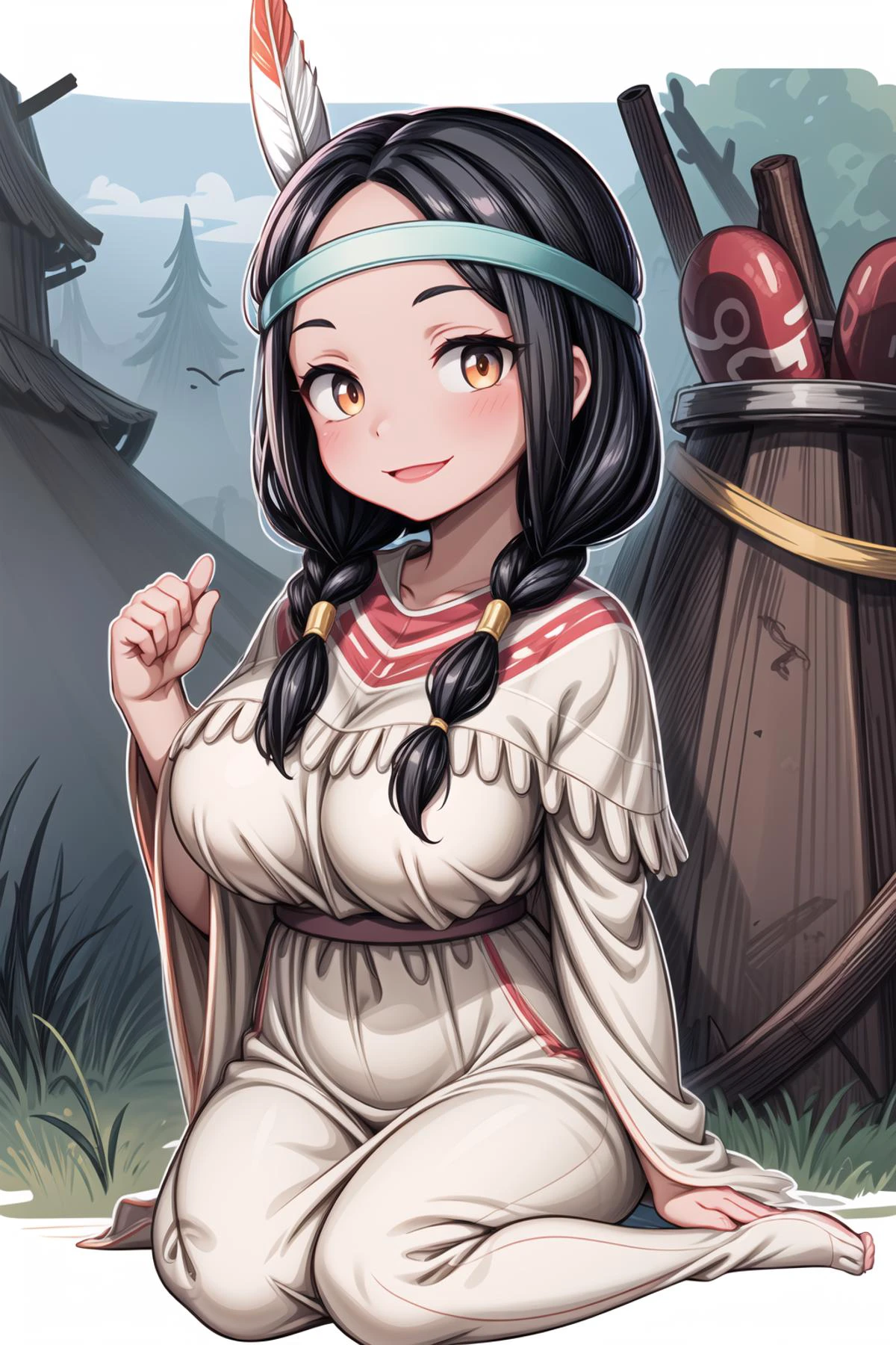 masterpiece, best quality, (1girl), solo,
(AS-YoungestV2:1),AS-YoungestV2,
tlily, black hair, twintails, feather hair ornament, headband, dark skin, dress, native american, full body, smile, sketch, looking at viewer, forest, (huge breasts:1.0), <lora:TigerLily:1>,
<lora:hyperdetailer_v095:1>,