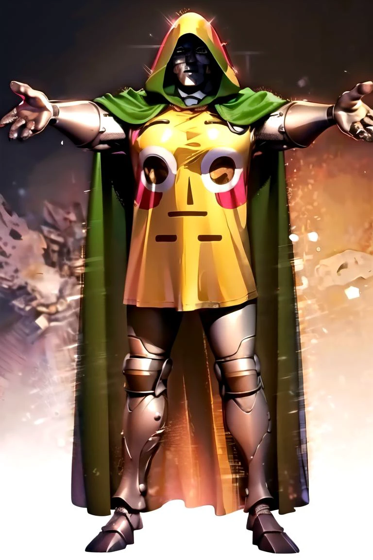 full body, outstretched arms, standing, best quality, masterpiece, mask, hood, cape, belt, armor, cloak, gauntlets, (incrsemojishirt:1.3), (3d:1.1), (realistic:1.5), detailed face, detailed eyes, beautiful, <lora:DoctorDoomLoRA:1> <lora:FlushedEmojiShirt:1>