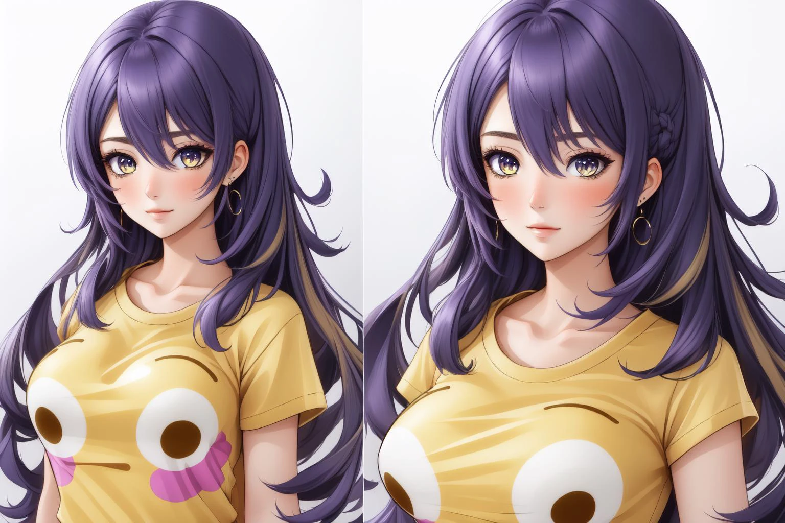(masterpiece, best quality), intricate details,
<lora:MoonaHoshinovav1:0.8> MoonaHoshinova, 1girl, purple hair, long hair, bangs, hair between eyes, multicolored hair, colored inner hair, purple eyes, yellow eyes, earrings, large breasts,
<lora:FlushedEmojiShirt:1> IncrsEmojiShirt, multiple views, yellow shirt