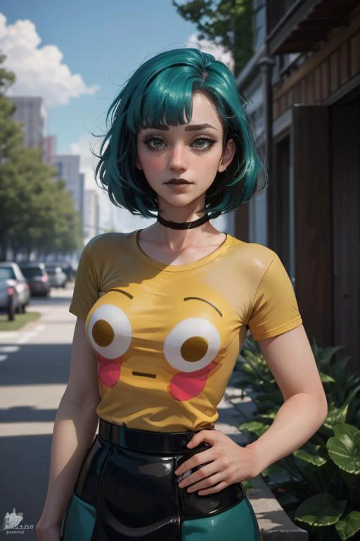 (masterpiece, best quality:1.2), <lora:gwen:.9>, gwen, 1girl, solo, breasts, bangs, makeup, skirt, choker, <lora:FlushedEmojiShirt:.95>, IncrsEmojiShirt, yellow shirt, outdoors, short sleeves, looking at viewer, hands on hips,