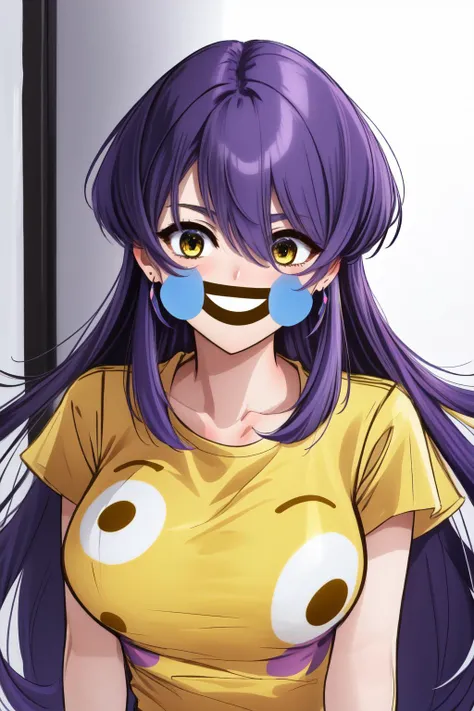 (masterpiece, best quality), intricate details,
1girl, <lora:MoonaHoshinovav1:0.8> MoonaHoshinova, 1girl, purple hair, long hair, bangs, hair between eyes, multicolored hair, colored inner hair, purple eyes, yellow eyes, earrings, large breasts,
<lora:FlushedEmojiShirt:1> IncrsEmojiShirt, yellow shirt <lora:lmfaoEmojiFace_cookedlmaoji:0.8> agonymouth, emoji style, emoji face, meme face
