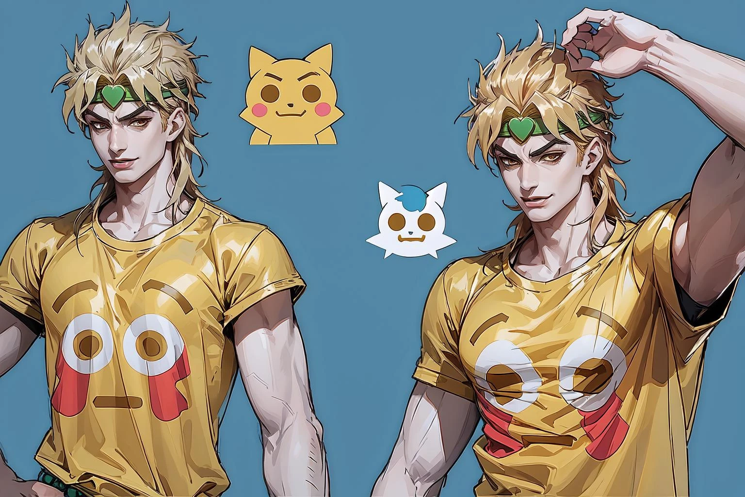 High Quality, Masterpiece, incrsemojishirt, multiple views, yellow shirt, <lora:FlushedEmojiShirt:1>, dio, headband, <lora:Char_Sigmas_Dio:0.8>, smirk,