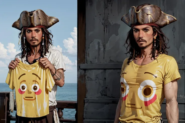 High Quality, Masterpiece, incrsemojishirt, multiple views, yellow shirt, <lora:FlushedEmojiShirt:1>, jack sparrow, brown eyes, hat, brown hair, earrings, hat, pirate, jewelry, shirt, short hair, <lora:Char_Sigmas_JackSparrow:1>, 1boy, muscular,
