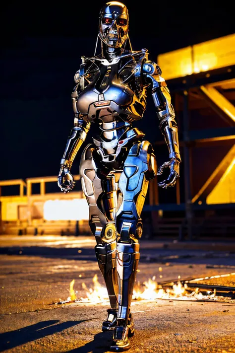 explosions in the background, night sky, full body shot (Realisitc:1.5) woman terminator, big breasts, <lora:EdobTerminatorFemale_v1.0:0.8> <lora:BunAlenRave_v1.0:0.6>