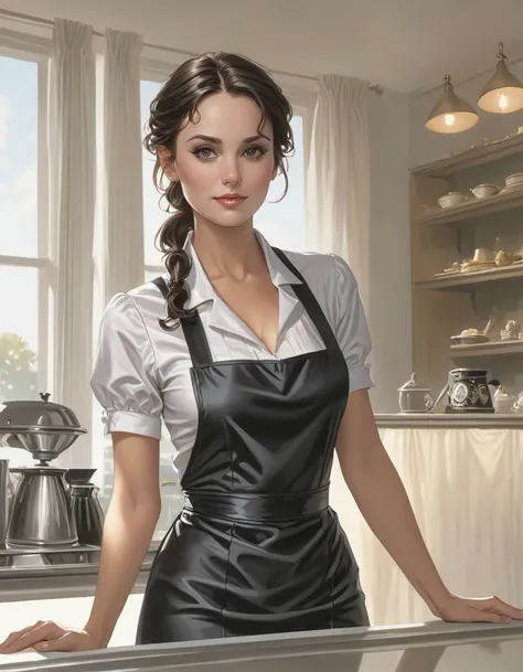 a stunning slim woman wearing a maid apron working in a coffee house, very detailed
