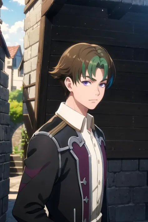 masterpiece, best quality, game cg, 1boy, solo, male focus, looking at viewer, upper body, , ligne claire, realistic, <lora:lumbar_dorn:0.68>, lumbar_dorn, brown hair, purple eyes, green hair, multicolored hair, two-tone hair, short hair, burglar costume, canyon, High resolution
