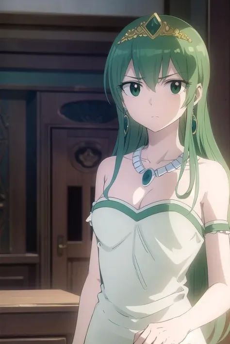 hisui, <lora:hisui-lora-nochekaiser:1>,
hisui, long hair, (green eyes:1.5), green hair, hair between eyes,
BREAK dress, cleavage, bare shoulders, jewelry, earrings, necklace, tiara, crown,
BREAK looking at viewer, full body, (cowboy shot:1.5),
BREAK indoors, castle,
BREAK <lyco:GoodHands-beta2:1>, (masterpiece:1.2), best quality, high resolution, unity 8k wallpaper, (illustration:0.8), (beautiful detailed eyes:1.6), extremely detailed face, perfect lighting, extremely detailed CG, (perfect hands, perfect anatomy),