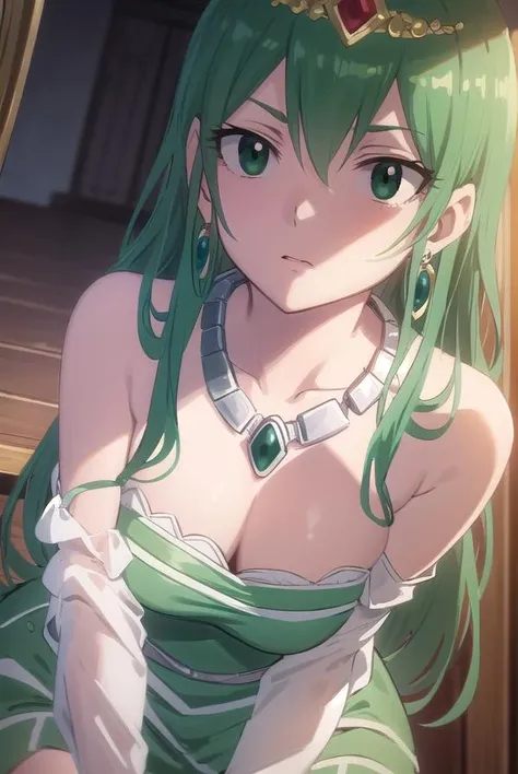hisui, <lora:hisui-lora-nochekaiser:1>,
hisui, long hair, (green eyes:1.5), green hair, hair between eyes,
BREAK dress, cleavage, bare shoulders, jewelry, earrings, necklace, tiara, crown,
BREAK looking at viewer, full body, (cowboy shot:1.5),
BREAK indoors, castle,
BREAK <lyco:GoodHands-beta2:1>, (masterpiece:1.2), best quality, high resolution, unity 8k wallpaper, (illustration:0.8), (beautiful detailed eyes:1.6), extremely detailed face, perfect lighting, extremely detailed CG, (perfect hands, perfect anatomy),