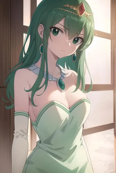 hisui, <lora:hisui-lora-nochekaiser:1>,
hisui, long hair, (green eyes:1.5), green hair, hair between eyes,
BREAK dress, cleavage, bare shoulders, jewelry, earrings, necklace, tiara, crown,
BREAK looking at viewer, full body, (cowboy shot:1.5),
BREAK indoors, castle,
BREAK <lyco:GoodHands-beta2:1>, (masterpiece:1.2), best quality, high resolution, unity 8k wallpaper, (illustration:0.8), (beautiful detailed eyes:1.6), extremely detailed face, perfect lighting, extremely detailed CG, (perfect hands, perfect anatomy),