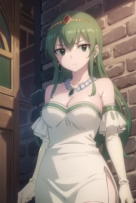 hisui, <lora:hisui-lora-nochekaiser:1>,
hisui, long hair, (green eyes:1.5), green hair, hair between eyes,
BREAK dress, cleavage, bare shoulders, jewelry, earrings, necklace, tiara, crown,
BREAK looking at viewer, full body, (cowboy shot:1.5),
BREAK indoors, castle,
BREAK <lyco:GoodHands-beta2:1>, (masterpiece:1.2), best quality, high resolution, unity 8k wallpaper, (illustration:0.8), (beautiful detailed eyes:1.6), extremely detailed face, perfect lighting, extremely detailed CG, (perfect hands, perfect anatomy),
