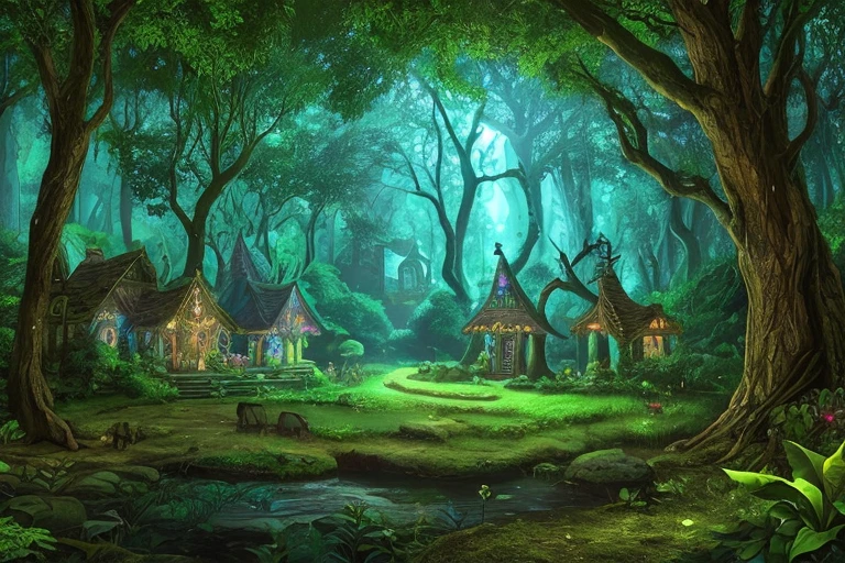 enchanted mystical village in a forest, well lit, colorful