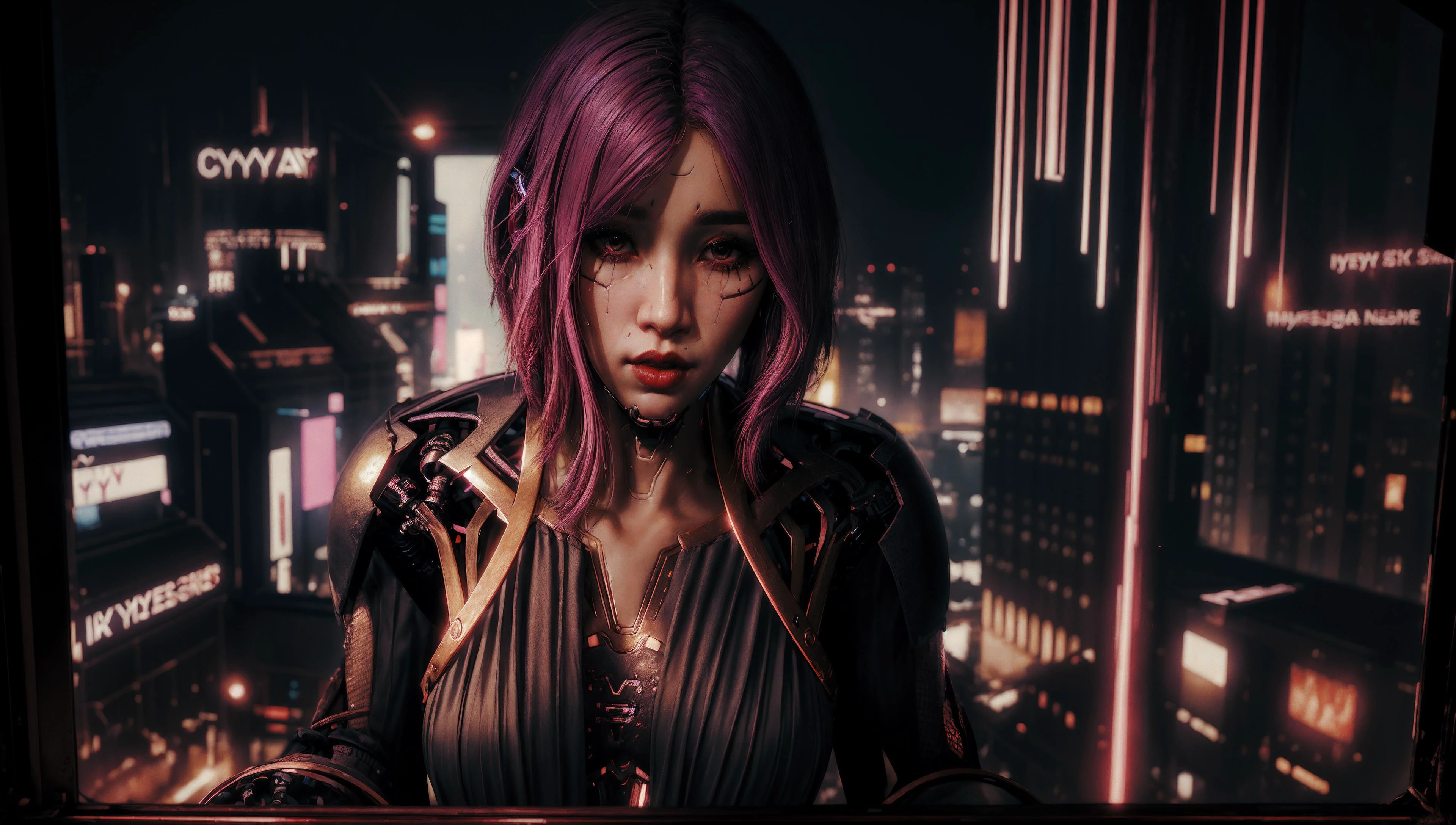 ((best quality)), ((detailed)), ((masterpiece)), Songbird looking out of a window on top of a skyscraper, <lora:CyberSongbird:1> CyberSongbird, night, star filled sky, neon lights, vibrant colors, asymmetrical hair, mechanical parts, cybernetic limb, red lips, cyberpunk, intricate details, hyper detail, illustration, complex, cinematic, detailed face, sharp eyeliner, <lora:more_details:0.3>