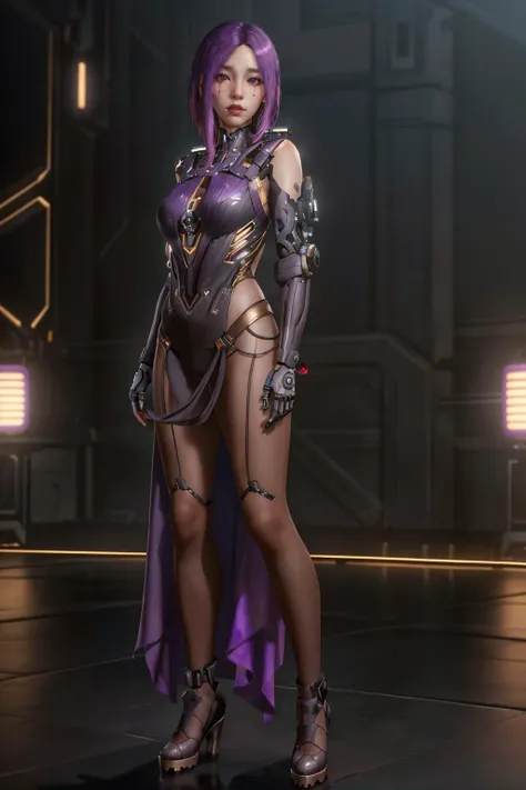 highres,absurdres,masterpiece,best quality,original,extremely detailed CG,extremely detailed wallpaper,perfect lighting,looking at viewer,bare hands,standing on stage,1girl,blurry background,
<lora:CyberSongbird:0.7>, CyberSongbird,mechanical parts,purple hair,asymmetrical hair,