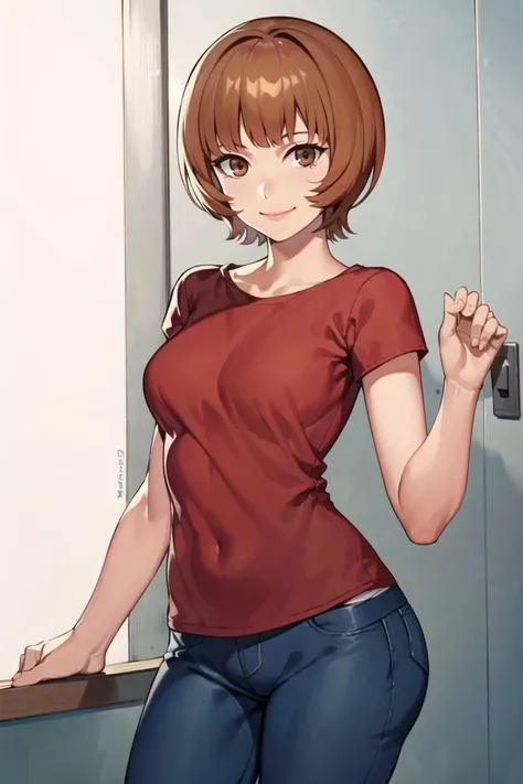 best quality, masterpiece, solo, 1girl,  <lora:paprika-10:0.8>,paprikav2, short hair, light smile, brown eyes, mature female, red shirt, short sleeves, jeans,
