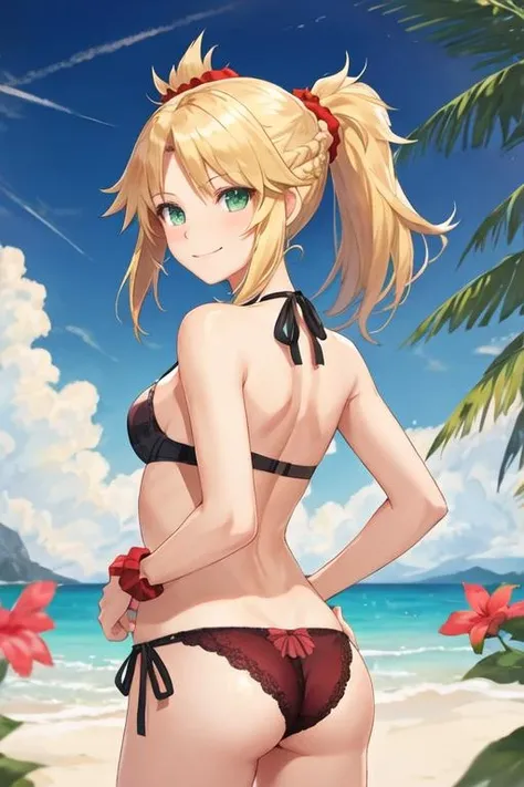 best quality, masterpiece, highres, solo, {mordred_fgo:1.15}, blonde_hair, long_hair, ponytail, green_eyes, braid, scrunchie, hair_ornament, red_scrunchie, bangs, hair_scrunchie, , smile, small_breasts, 1girl, back, bare_shoulders, blush, french_braid, looking_at_viewer, looking_back, parted_bangs, sidelocks, , closed_mouth, panties, 