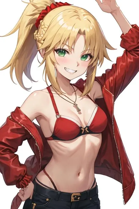 best quality, masterpiece, highres, solo, {mordred_fgo:1.15}, blonde_hair, long_hair, ponytail, green_eyes, braid, scrunchie, hair_ornament, red_scrunchie, bangs, hair_scrunchie, , smile, small_breasts, 1girl, bare_shoulders, collarbone, grin, jewelry, looking_at_viewer, necklace, teeth, jacket, parted_bangs, red_jacket, sidelocks, white_background, blush, simple_background, upper_body