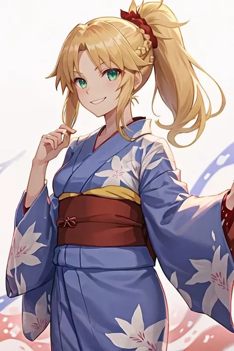 best quality, masterpiece, highres, solo, {yukata:1.40}, {kimono:1.20}, {mordred_fgo:1.15}, blonde_hair, long_hair, ponytail, green_eyes, braid, scrunchie, hair_ornament, red_scrunchie, bangs, hair_scrunchie, , smile, small_breasts