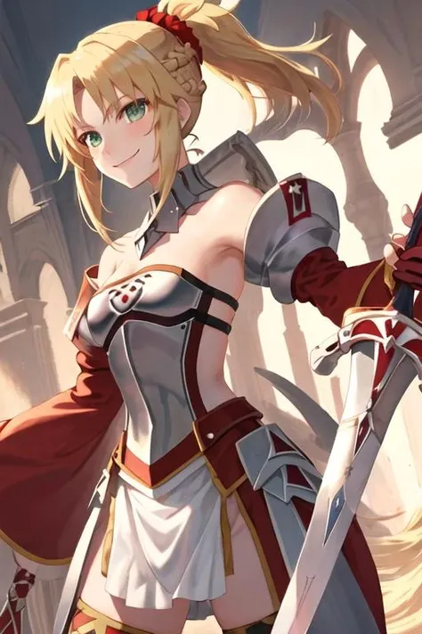 best quality, masterpiece, highres, solo, {mordred_fgo:1.15}, blonde_hair, long_hair, ponytail, green_eyes, braid, scrunchie, hair_ornament, red_scrunchie, bangs, hair_scrunchie, , smile, small_breasts, 1girl, armor, looking_at_viewer, sword, gauntlets, weapon