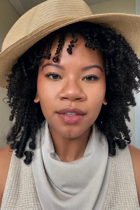 <lora:Flo_V3:1>, photo of flo, curly hair, dark skin, wearing a scarf, wearing a jacket, wearing a vest, wearing a bib, wearing a tie, wearing a hat, (detailed eyes:1.2), ultra detailed skin, detailed face, light on face, realistic skin, random pose, (ultra sharp image:1.2), realistic skin textures, unsexy, nothing offensive that would trigger other members, boring, G rated