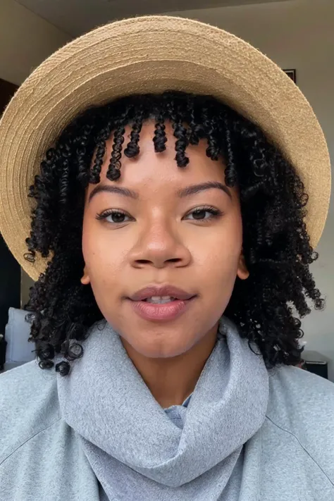 <lora:Flo_V3:0.9>, photo of flo, curly hair, dark skin, wearing a scarf, wearing a jacket, wearing a vest, wearing a bib, wearing a tie, wearing a hat, (detailed eyes:1.2), ultra detailed skin, detailed face, light on face, realistic skin, random pose, (ultra sharp image:1.2), realistic skin textures, unsexy, nothing offensive that would trigger other members, boring, G rated