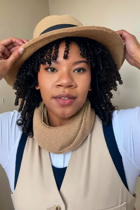 <lora:Flo_V3:1>, photo of flo, curly hair, dark skin, wearing a scarf, wearing a jacket, wearing a vest, wearing a bib, wearing a tie, wearing a hat, (detailed eyes:1.2), ultra detailed skin, detailed face, light on face, realistic skin, random pose, (ultra sharp image:1.2), realistic skin textures, unsexy, nothing offensive that would trigger other members, boring, G rated