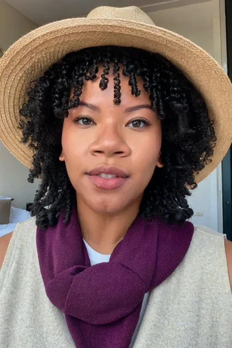 <lora:Flo_V3:1>, photo of flo, curly hair, dark skin, wearing a scarf, wearing a jacket, wearing a vest, wearing a bib, wearing a tie, wearing a hat, (detailed eyes:1.2), ultra detailed skin, detailed face, light on face, realistic skin, random pose, (ultra sharp image:1.2), realistic skin textures, unsexy, nothing offensive that would trigger other members, boring, G rated