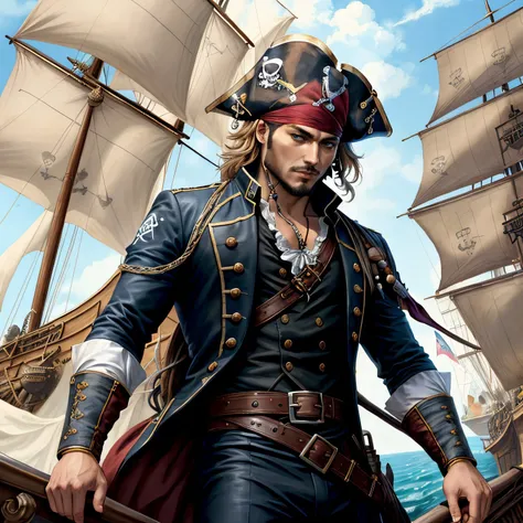 full body potrait of a photorealistic beautiful man, (aboard a pirate ship:1.50), intense coloration fantasy, light hair, a stunning realistic photograph , random coloured hair, (multiple men pirates dancing together:1.3), random colour eyes, full body, cover, hyperdetailed painting, luminism, octane render, Bar lighting, complex, 8k resolution concept art portrait by Martina Fa
kov� and Prywinko Art, Artgerm, WLOP, Alphonse Mucha, Tony Taka, fractal isometrics details, photorealistic face, hyperrealistic cover photo awesome full color, hand drawn, bright, gritty, realistic color scheme, davinci, intricate, high definition cinematic, mix of bold dark lines and loose lines, bold lines, on paper , real life human