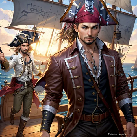 full body potrait of a photorealistic beautiful man, (aboard a pirate ship:1.50), intense coloration fantasy, light hair, a stunning realistic photograph , random coloured hair, (multiple men pirates dancing together:1.3), random colour eyes, full body, cover, hyperdetailed painting, luminism, octane render, Bar lighting, complex, 8k resolution concept art portrait by Martina Fa
kov� and Prywinko Art, Artgerm, WLOP, Alphonse Mucha, Tony Taka, fractal isometrics details, photorealistic face, hyperrealistic cover photo awesome full color, hand drawn, bright, gritty, realistic color scheme, davinci, intricate, high definition cinematic, mix of bold dark lines and loose lines, bold lines, on paper , real life human